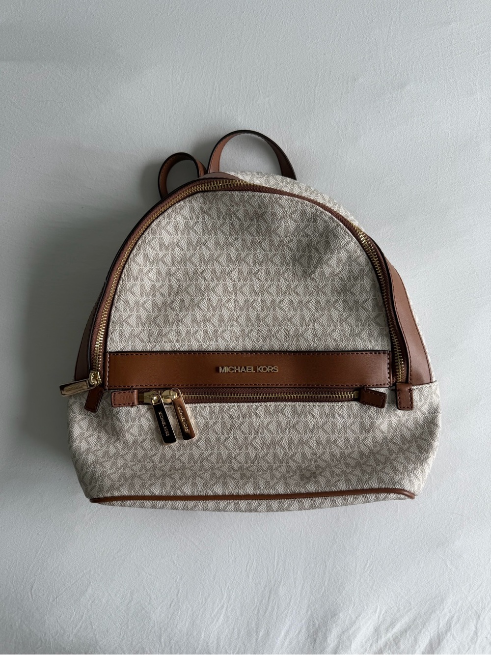 Michael Kors Beige Logo Backpack with Brown Leather Trim